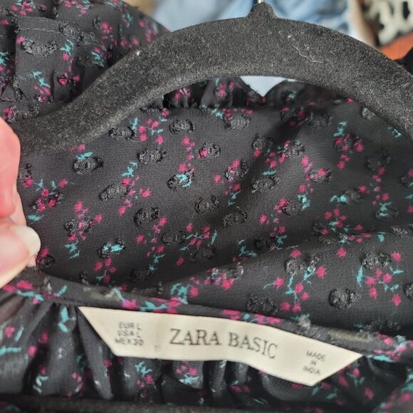 Zara Black Swiss Dot Mini Dress Womens Floral Large Ruffled Long Sleeve Witchy - Picture 11 of 12